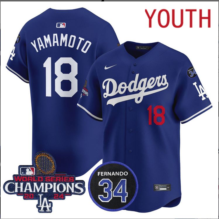 Youth MLB Los Angeles Dodgers #18 Yamamoto blue 2024 World Series Champions Patch Limited Jersey style 4